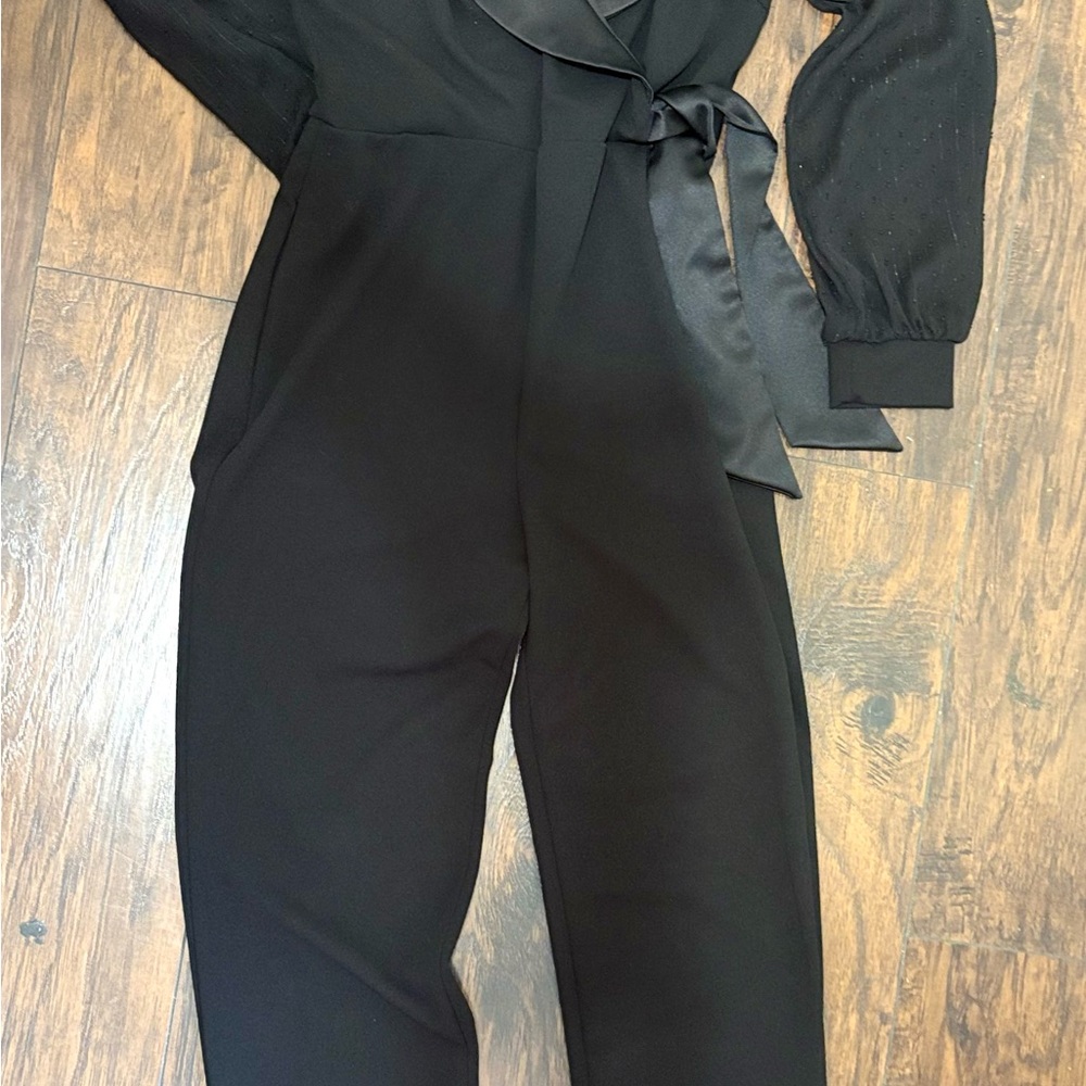 Crystal Doll Black Satin-Trim Jumpsuit